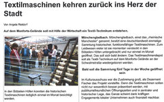 Westdeutsche Zeitung: Textilmaschinen kehren zurück ins Herz der Stadt