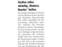 Maas-Rhein-Zeitung: Strassen sollen zukünftig Monforts-Quartier heißen